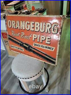 C. 1950s Original Vintage Orangeburg Root-Proof Pipe Sign Metal Embossed NY Calif