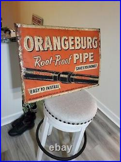 C. 1950s Original Vintage Orangeburg Root-Proof Pipe Sign Metal Embossed NY Calif