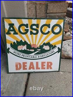 C. 1960s Original Vintage Agsco Seed Dealer Sign Metal Agriculture Farm Cow Hog