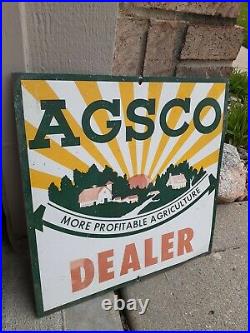 C. 1960s Original Vintage Agsco Seed Dealer Sign Metal Agriculture Farm Cow Hog
