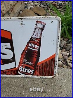 C. 1960s Original Vintage Hires Rootbeer Sign Metal Embossed It's Time Soda Gas