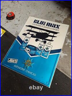 C. 1970s Original Vintage Blue Max Auto Chemicals Sign Metal Embossed Gas Oil Wax
