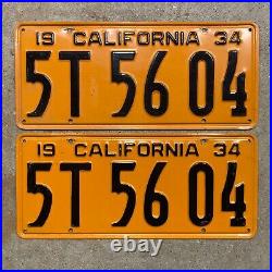 California 1934 license plate pair 5T 56 04 black on yellow embossed garage SBNC
