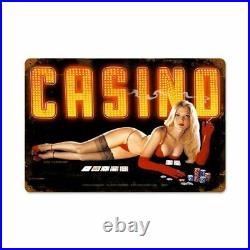 Casino Red Bikini Blonde Card Dealer Pin Up Metal Sign by Greg Hildebrandt