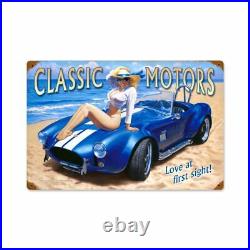 Classic Motors Beach Bikini Blonde Pin Up Metal Sign by Greg Hildebrandt
