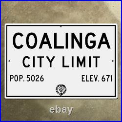 Coalinga California CDOH city limit boundary highway road sign marker 1951 36x24