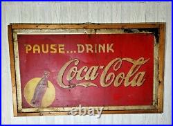 Coca Cola Pause. Drink Large Metal Framed Sign Original Vintage 1939 Coke Soda