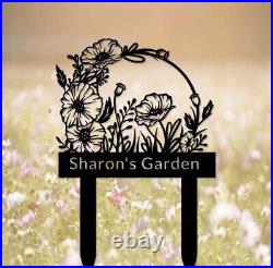 Custom Poppy Flowers Garden Sign with Stake, Flower Garden Sign, Gardener Name