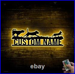 Custom Rabbit Hunting Metal Wall Art LED Light, Personalized Hunter Name Sign