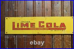 DRINK LIME COLA PAINTED METAL MALT SHOP DEALER SIGN VINTAGE 1950s 3 x 12 SODA