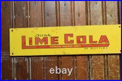 DRINK LIME COLA PAINTED METAL MALT SHOP DEALER SIGN VINTAGE 1950s 3 x 12 SODA