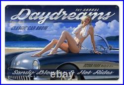 Daydreams Beach Classic Car Show Pin Up Metal Sign by Greg Hildebrandt