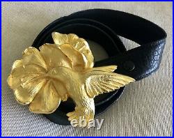 Doreen Ryan Signed Hummingbird Flowers Gold Metal Big Buckle Black Belt Vintage