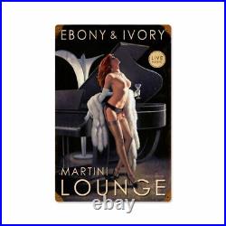 Ebony and Ivory Martini Lounge Piano Girl Pin Up Metal Sign by Greg Hildebrandt