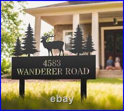 Elk Address Sign With Stakes, Custom Outdoor Metal Deer Street Number Signs