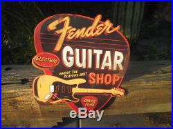 Fender Guitar Shop Electric LARGE Vintage Look Sign Metal Embossed licensed Cool