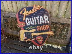 Fender Guitar Shop Electric LARGE Vintage Look Sign Metal Embossed licensed Cool