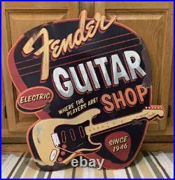 Fender Guitar Shop Electric LARGE Vintage Look Sign Metal Embossed licensed Cool 