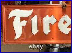 GUARANTEED ORIGINAL 6' Vintage FIRESTONE TIRE Sign Gas Oil Embossed Metal OLD