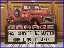 Garage Metal Sign Red Truck Tools Parts Gas Oil Fast Service Vintage Style Decor