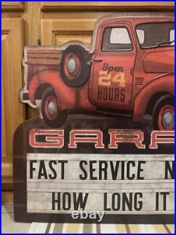 Garage Metal Sign Red Truck Tools Parts Gas Oil Fast Service Vintage Style Decor