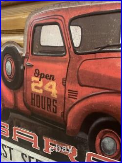 Garage Metal Sign Red Truck Tools Parts Gas Oil Fast Service Vintage Style Decor