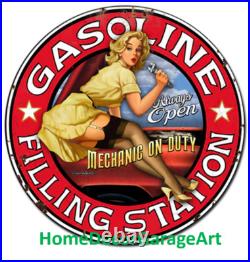 Gasoline Filling Station Girl Round Metal Sign, Vintage Style Garage Art Gasoline Filling Station Girl Round Metal Sign, Vintage Style Garage Art