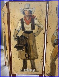 Hand Painted Signed Cowgirl Western Room Divider Screen Four Panel Adirondack