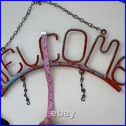 Handmade Welcome Sign Vintage Folk Art Metal Wood Holiday Garden Cottagecore