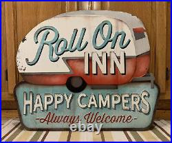 Happy Campers Welcome Sign Roll On In Tent Outdoors Camp Lake RV Vintage Style Happy Campers Welcome Sign Roll On In Tent Outdoors Camp Lake RV Vintage Style