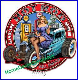 Hot Rod Full Service Girl Cutout Metal Sign, 3 Sizes, Vintage Style Garage Art