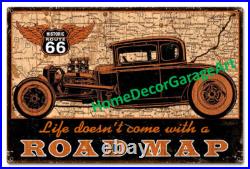 Hot Rod Route 66 Road Map Metal Sign, 3 Sizes, Vintage Style Garage Art