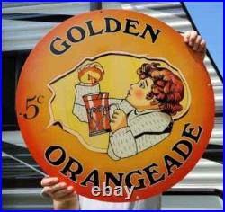 LARGE VINTAGE GOLDEN ORANGEADE PORCELAIN HEAVY METAL ORANGE Drink SIGN 24