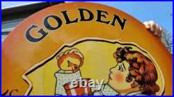 LARGE VINTAGE GOLDEN ORANGEADE PORCELAIN HEAVY METAL ORANGE Drink SIGN 24