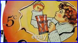 LARGE VINTAGE GOLDEN ORANGEADE PORCELAIN HEAVY METAL ORANGE Drink SIGN 24