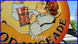 LARGE VINTAGE GOLDEN ORANGEADE PORCELAIN HEAVY METAL ORANGE Drink SIGN 24