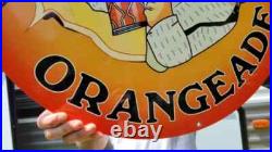 LARGE VINTAGE GOLDEN ORANGEADE PORCELAIN HEAVY METAL ORANGE Drink SIGN 24