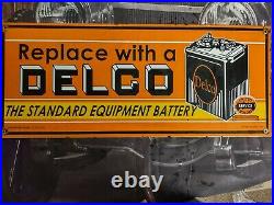 Large 1949 Double Sided Vintage Delco Batteries Battery Porcelain Metal Sign