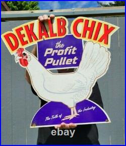 Large Old Vintage Dekalb Chix Corn Heavy Metal Porcelain Die-cut Sign Farm Seed