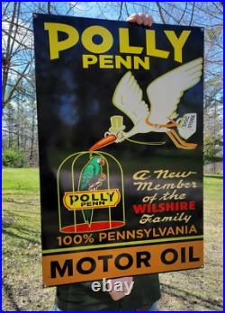Large Old Vintage Polly Penn Gasoline Motor Oil Porcelain Heavy Metal Gas Sign