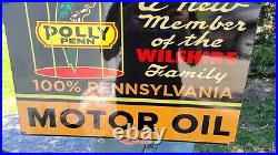 Large Old Vintage Polly Penn Motor Oil Porcelain Heavy Gas & Oil Metal Sign