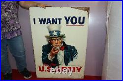 Large Vintage 1940's WWII Uncle Sam I Want You U. S. Army 2 Sided 38 Metal Sign