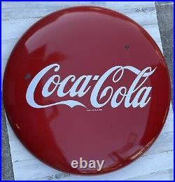 Large Vintage 1950's Coca Cola Soda Pop Gas Oil 36 Porcelain Metal Button Sign