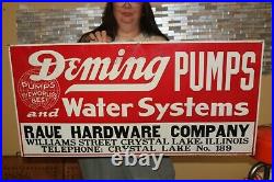 Large Vintage 1950's Deming Water Pumps Farm Well 35 Embossed Metal Sign