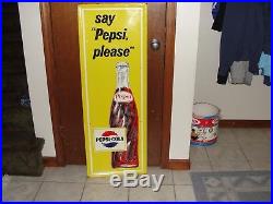 Large Vintage 1950's Pepsi Cola Soda Pop Gas Oil 47 Embossed Metal Sign