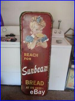 Large Vintage 1950's Sunbeam Bread Grocery Store Gas Oil 55 Embossed Metal Sign