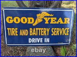 Large Vintage 1975 Goodyear Tire Service Heavy Metal Porcelain Enamel Sign