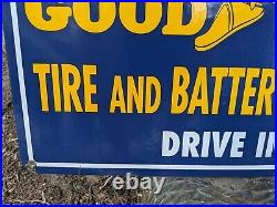 Large Vintage 1975 Goodyear Tire Service Heavy Metal Porcelain Enamel Sign