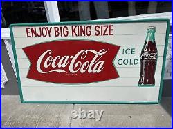 Large Vintage 32x56 Coca Cola Coke Fishtail Metal Painted Soda Sign NOS OG