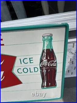 Large Vintage 32x56 Coca Cola Coke Fishtail Metal Painted Soda Sign NOS OG